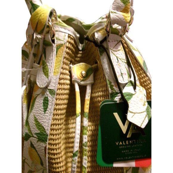 NEW Valentina Italia Lemon Print & Woven Panel Bucket Bag With Drawstring Closur - Picture 13 of 16